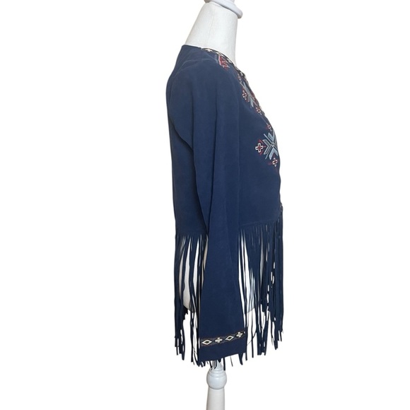 Flying Tomato Blue Faux Suede Southwestern Jacket Fringe Embroidered Small Aztec - Picture 6 of 16